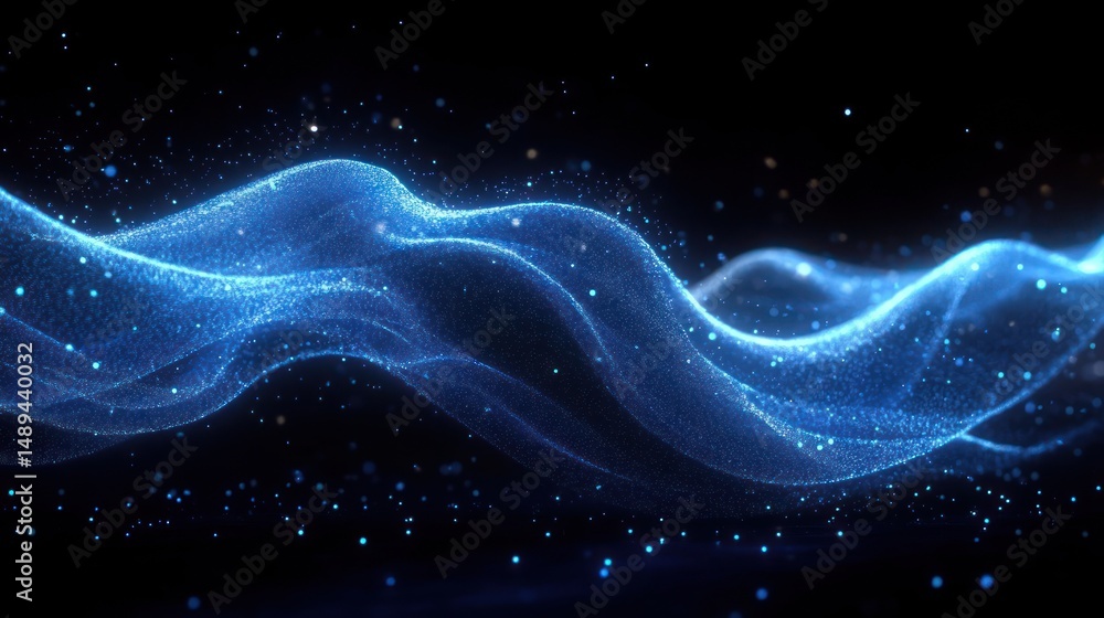 Poster flowing blue particles creating a dynamic wave-like digital fluid pattern on a dark background, evok