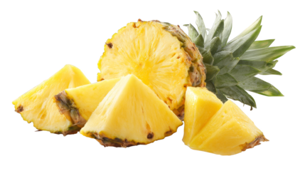Partially sliced pineapple with several wedge-shaped pieces cut and arranged around it, revealing its yellow, fibrous flesh.