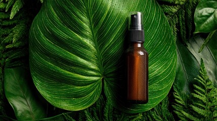 Amber spray bottle nestled amongst lush greenery