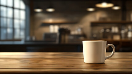 Fototapeta premium White Ceramic Coffee Mug on Wooden Table in Cozy Setting