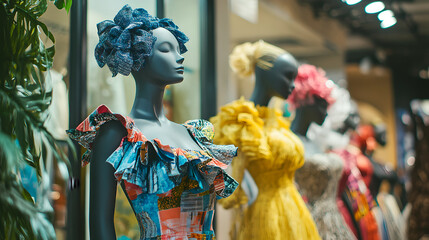 Obraz premium Elegant Mannequins Displaying Colorful and Ruffled Fashion in Store Window