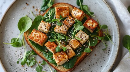 Delicious crispy tofu toast with spinach and sesame seeds healthy vegan breakfast food eat meal dish