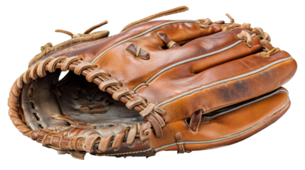 Closeup of a baseball glove holding ball, ready for the big game on sunny day