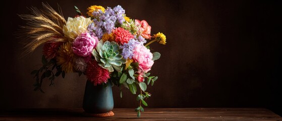 Floral arrangement displays a variety of flowers with a rustic vase and wheat on a wooden table against a dark background evoking a sense of nature and classic beauty
