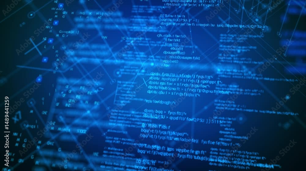 Poster abstract background futuristic digital screen with glowing blue source code and connected line