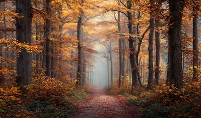 Fototapeta premium In the forest, there is an autumn path with trees and leaves in orange tones. The background features dark blue, Sunlight is shining through. A path leads from left to right. It creates a beautiful .