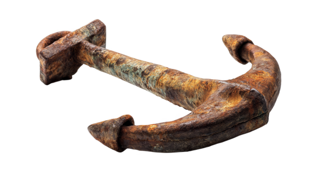 Old rusty hammer and nail with industrial metal chains isolated on white background