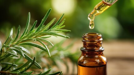 Rosemary essential oil dripping from pipette into amber bottle. Fresh rosemary sprigs surround the bottle