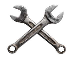 Crossed Wrenches: Weathered Metal Tools on Transparent Background, PNG