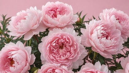 Fototapeta premium Tightly grouped pink peonies, delicate petals, soft pink background , floral design, floral, pastel