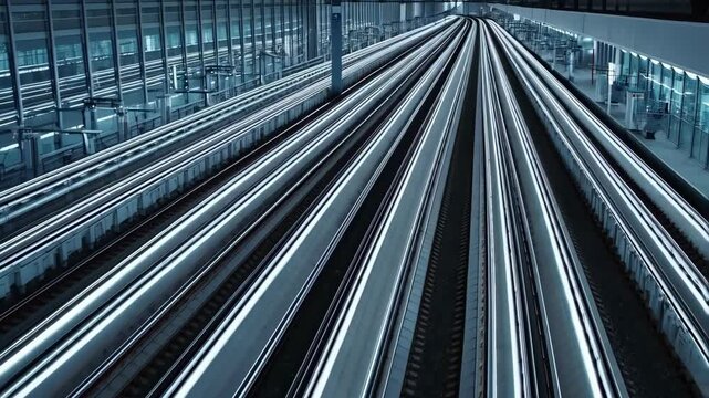 Multiple parallel railroad tracks converge and extend to the vanishing point under a modern glass and steel train station, creating a sense of futuristic travel.