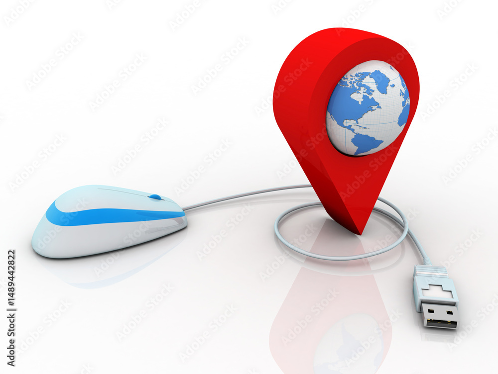 Poster 3d rendering red map pointer connected mouse