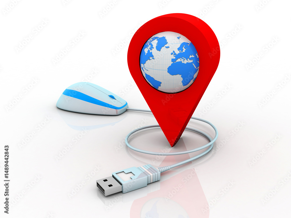 Poster 3d rendering red map pointer connected mouse