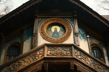 Close-up of ornate wooden facade on an aged building featuring a circular religious icon with a haloed figure and intricate carved details around windows and beams