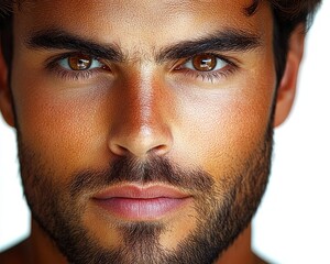 Obraz premium Close-up portrait of a serious young man with brown eyes, thick eyebrows, full lips, and a well-groomed beard against a white background