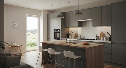 Modern Minimalist Open Plan Kitchen Interior with Natural Light