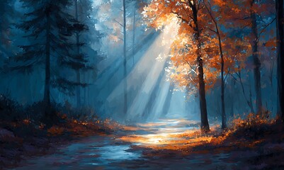 In the forest, there is an autumn path with trees and leaves in orange tones. The background features dark blue, Sunlight is shining through. A path leads from left to right. It creates a beautiful .