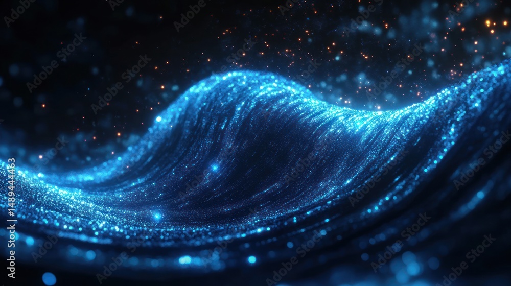 Aufkleber glowing blue particles forming dynamic flowing wave patterns against a dark background, evoking a se