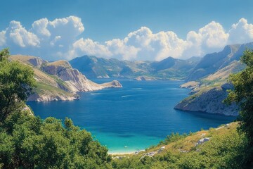 Scenic coastal landscape with turquoise blue sea surrounded by rocky mountains, green vegetation, and a partly cloudy sky, evoking tranquility and natural beauty