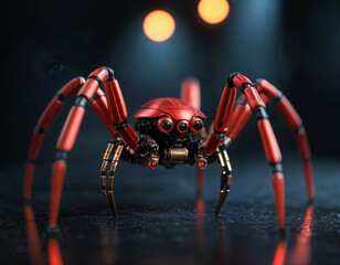 Fototapeta premium A sophisticated mechanical spider stands on a wet reflective surface, in a dark moody setting.