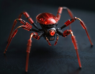 Fototapeta premium A futuristic robotic spider, with a blend of black and metallic red, stands on a dark surface.