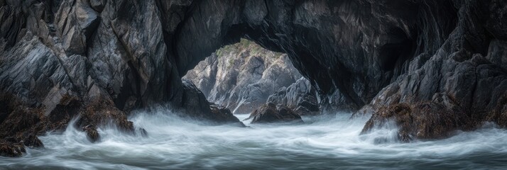 Dramatic Ocean Waves Crashing Through Dark Coastal Rock Cave Entrance sea sea art wild blue grey