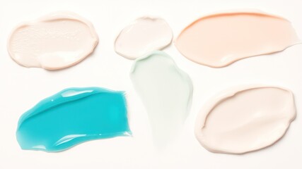 Creamy cosmetic product swatches on white background