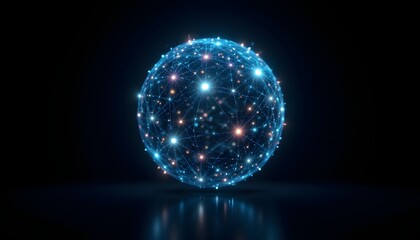 A complex, translucent sphere comprised of countless interconnected low poly facets floats against a deep, almost black backdrop