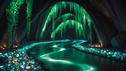 Glowing River Flowing Through Cave with Hanging Vines and Sparkling Stones