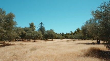 Vast Dry Landscape with Olive Trees Under a Clear Blue Sky in a Sunny Environment
