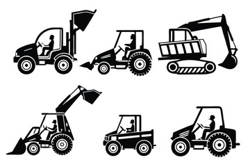 Vector Set of Black and White Construction Equipment, Loader, Excavator, and Bulldozer Icons with Driver, Perfect for Web Design