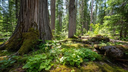 Serene Forest Scene with Lush Greenery and Tall Trees in Sunlight Illuminating a Peaceful Woodland Environment