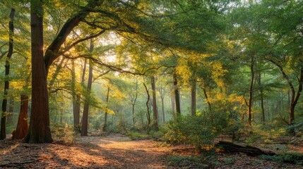 Fototapeta premium Tranquil Forest Landscape with Sunlight Filtering Through Trees in a Peaceful Natural Environment