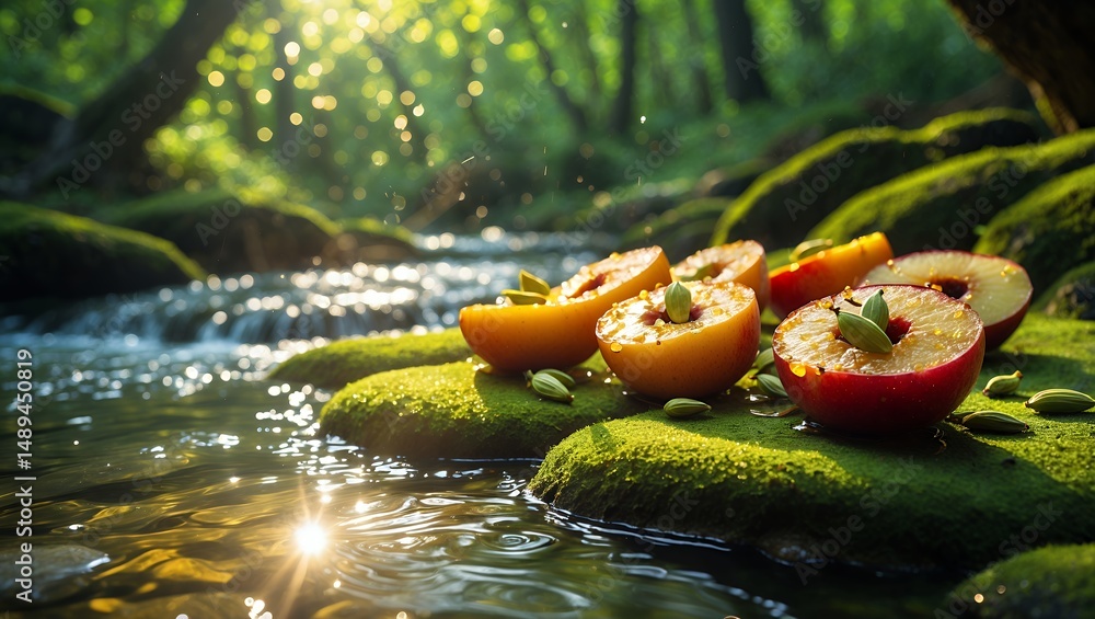 Poster plum halves on moss by stream creating a natural and refreshing scene