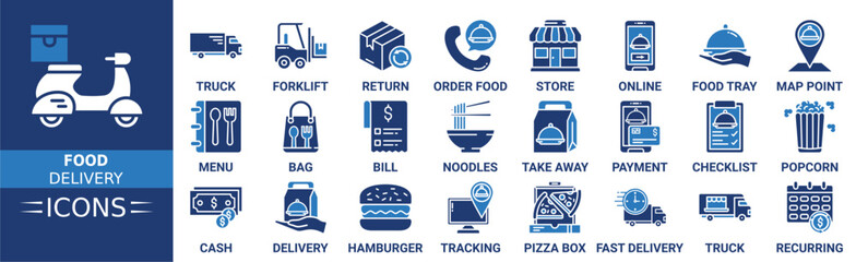 Food delivery icon set. Containing truck, forklift, return, order food, store, online, food tray, map point and more. Solid vector icons collection