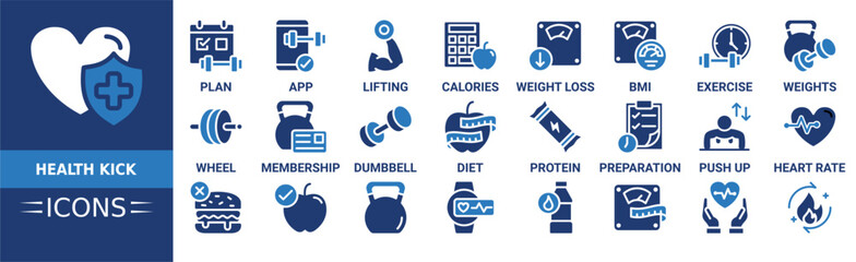 Obraz premium Health kick icon set. Containing plan, health, app, lifting, calories, wheel, membership and more. Solid vector icons collection
