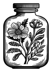 Vintage Engraving of Flowers in a Glass Jar Black and White Design