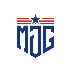 Patriotic MJG Logo with Star and American Flag Straps. Letter MJG Logo with USA Flag