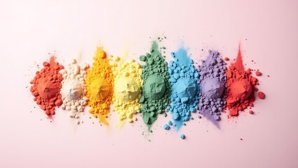 Rainbow colored powder pigment on pink background