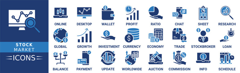 Stock market icon set. Containing growth, investment, currency, economy, trade and more. Solid vector icons collection
