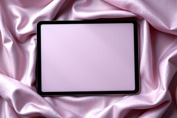 elegant flat lay of touchpad on a woven silk surface texture, with dusty lavender shades, indirect fill glow, minimal accents, high resolution