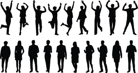 Diverse silhouettes of happy jumping and standing people