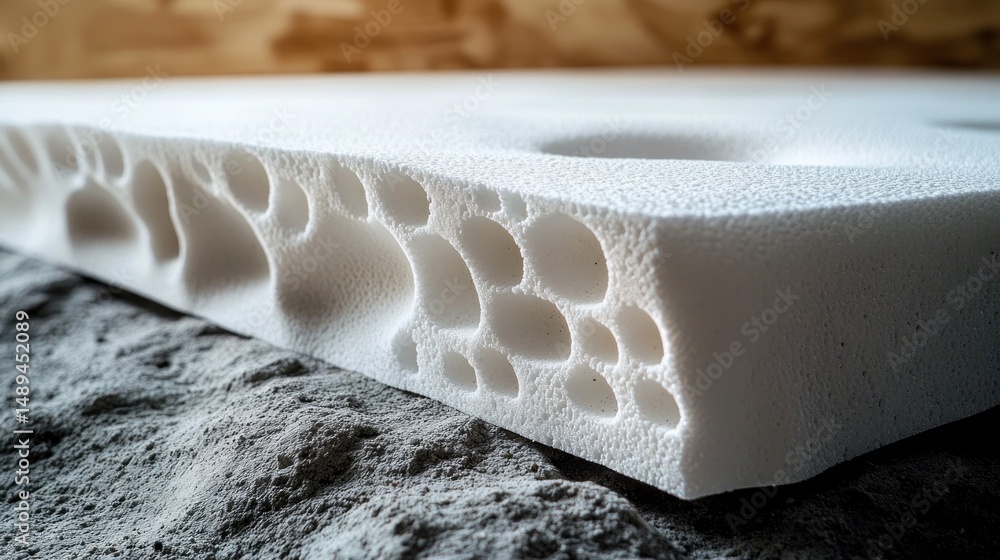 Poster close-up of a white foam mattress with visible air pockets resting on a textured rough surface under