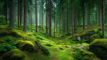 Obraz premium Serene Forest Pathway Surrounded by Lush Greenery and Moss-Covered Rocks in a Tranquil Woodland Environment
