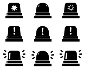  Set of red emergency siren icons with alert symbols, exclamation marks, and flashing lights. Flat vector design for warning, danger, notification, police, or fire alert UI elements. Icons, vector.