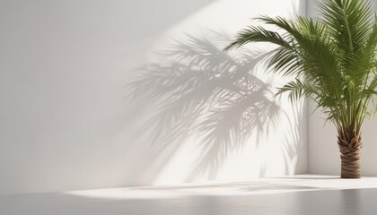 Fototapeta premium Crisp shadow of palm fronds on bright white wall, tropical vibe, light and shadow, plant shadow, nature