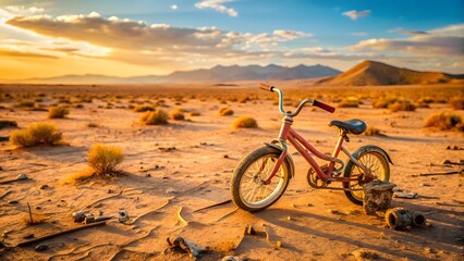 Obraz premium Abandoned Bicycle in Desert Landscape at Sunset