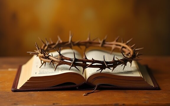 Crown of thorns gently resting on a Bible, painted in warm ochre tones. High quality
