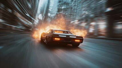 Blockbuster action shot of a car race. Fast 80s-style supercar speeding through a city street with a fiery explosion behind, captured in dynamic cinematic motion. Generated AI