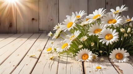 Fototapeta premium Sunlit Daisies on Rustic White Wooden Planks